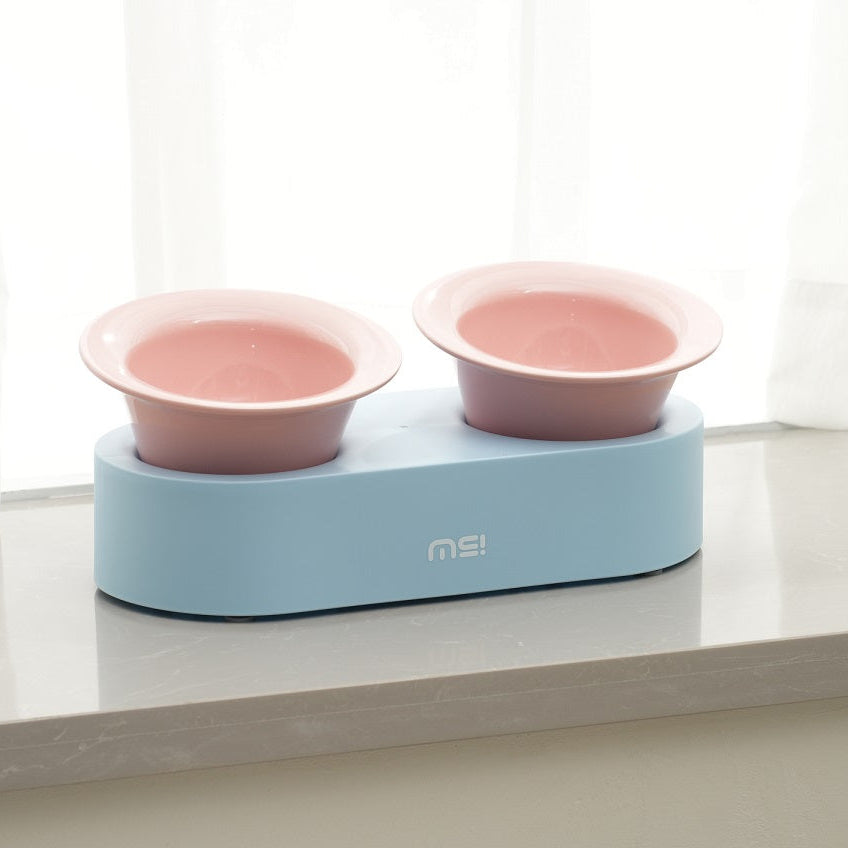Keramische katten voer- en drinkbak - verhoogd ontwerp - lichtblauw en roze - SpirePets
