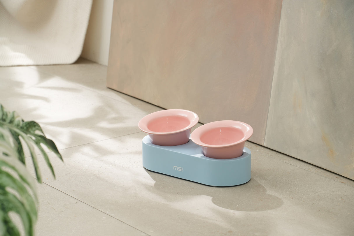 Keramische katten voer- en drinkbak - verhoogd ontwerp - lichtblauw en roze - SpirePets