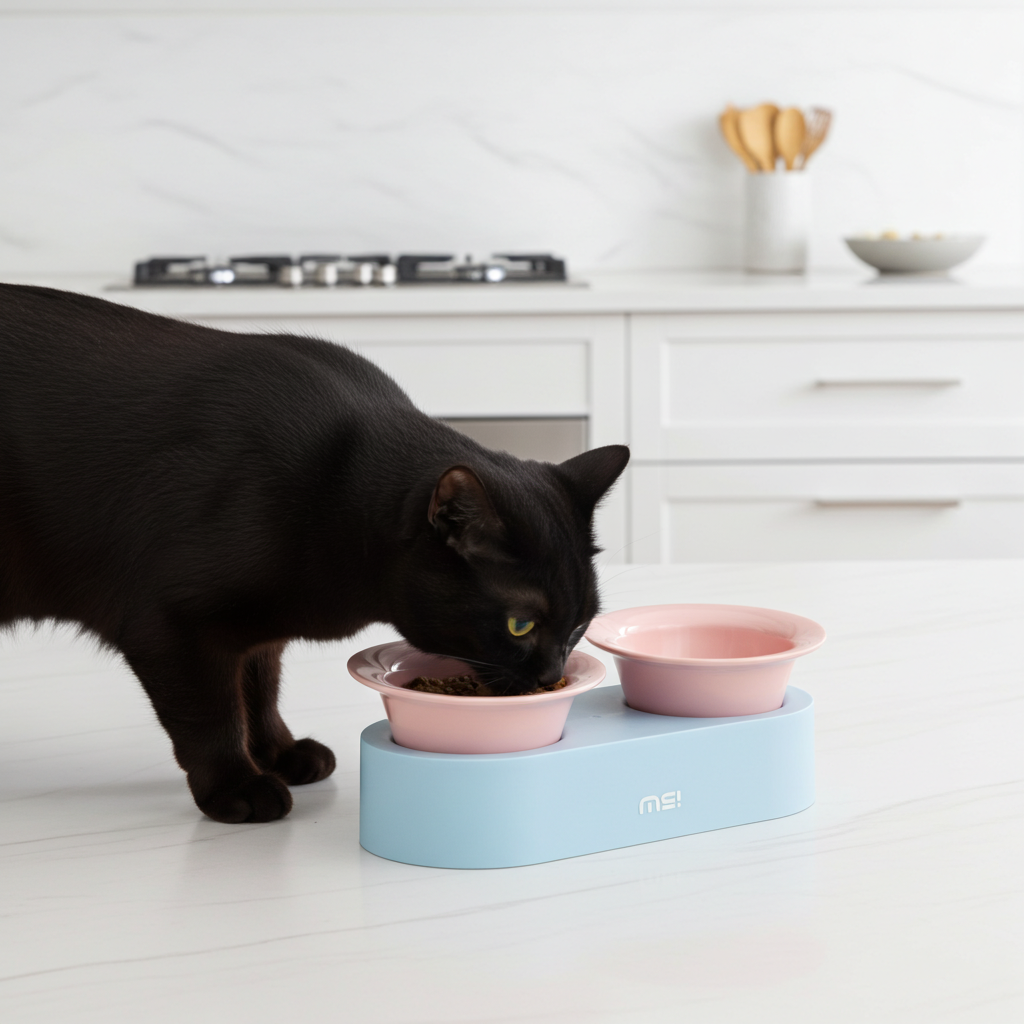 Keramische katten voer- en drinkbak - verhoogd ontwerp - lichtblauw en roze - SpirePets